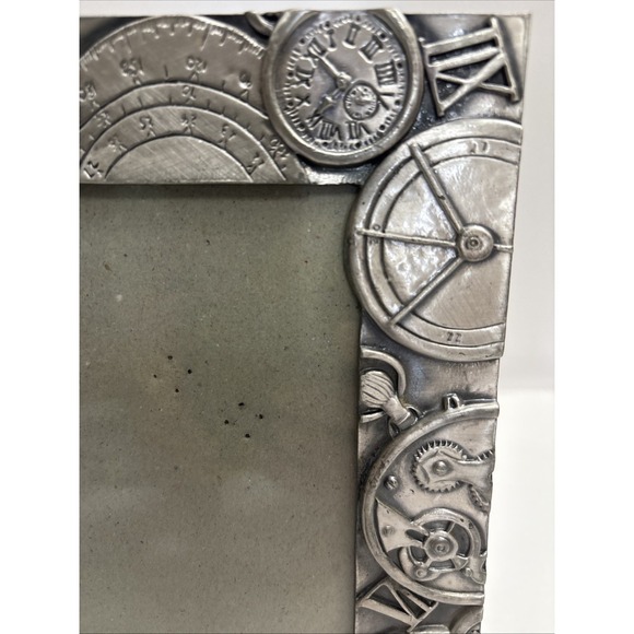 Steampunk Clock Photo Frame Silver Tone Roman Numeral Gear Desk Art - Picture 4 of 11